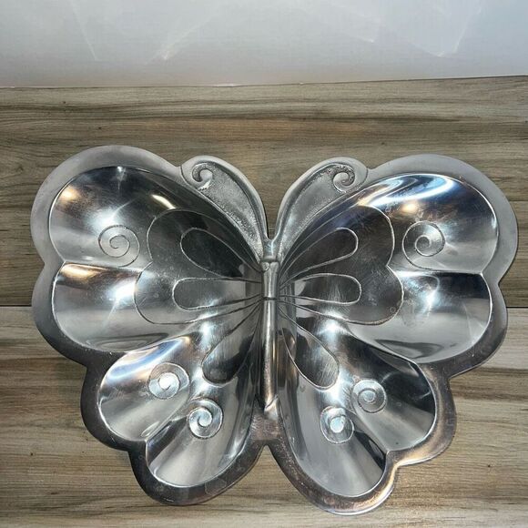 IHI Butterfly Pewter Divided Serving Tray Chips Bowl Silver Tone Etched Fairy - Picture 1 of 6
